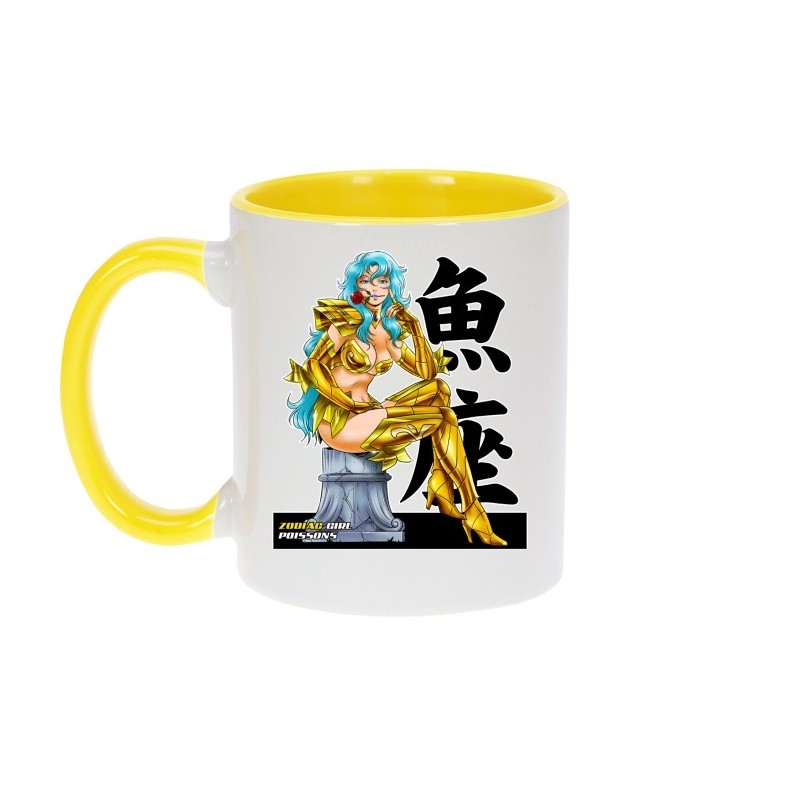 Mug - okiWoki - La sublime Olympe née sous le signe du Poisson ! - Saint Seiya - Fond Jaune