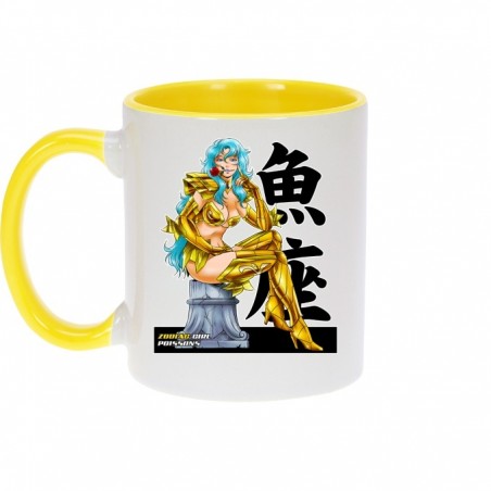 Mug - okiWoki - La sublime Olympe née sous le signe du Poisson ! - Saint Seiya - Fond Jaune